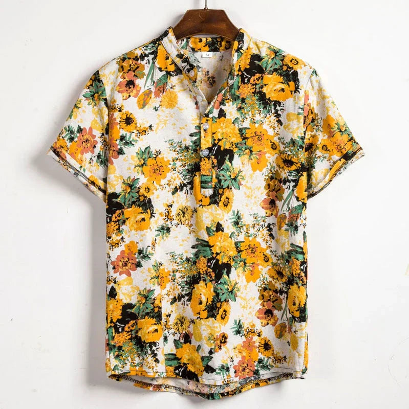 Men’s Floral Short Sleeve Shirt – Casual Summer Beach Shirt with Band Collar