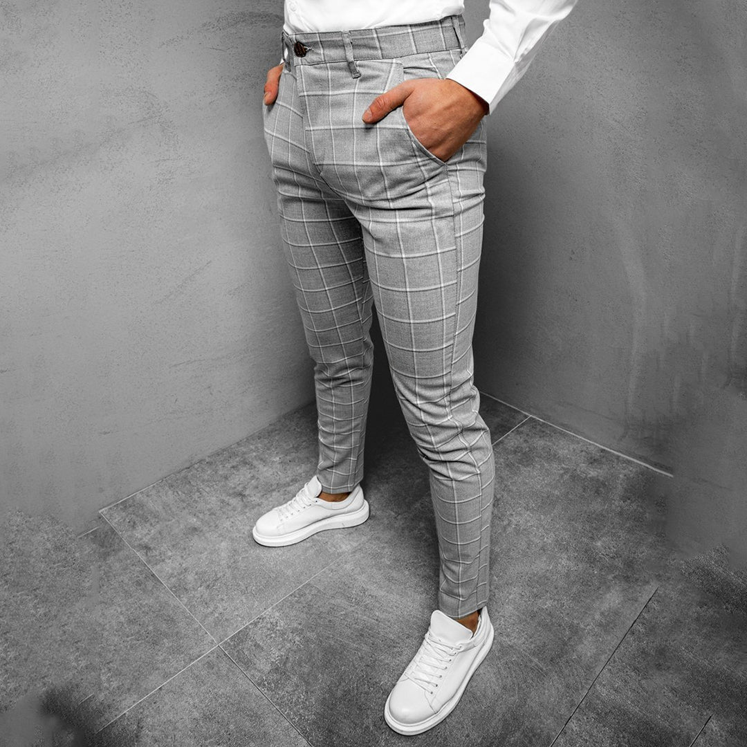 Men's Checkered Work Trousers Slim Fit Patterned Straight Leg Style