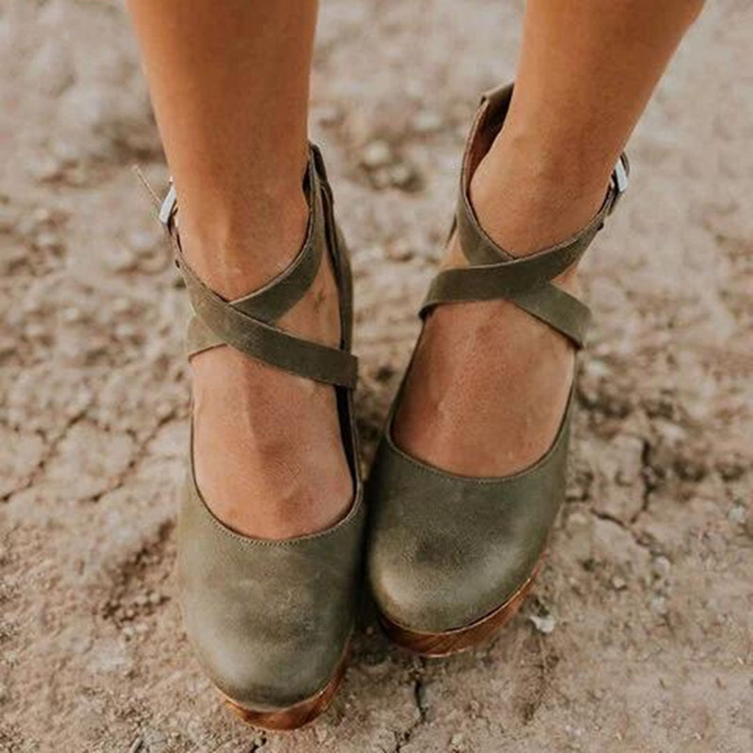 Women's Wedge Heel Shoes with Ankle Strap and Platform Sole