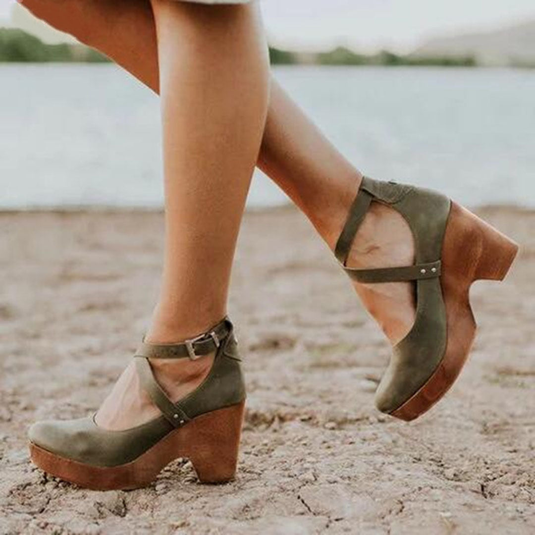 Women's Wedge Heel Shoes with Ankle Strap and Platform Sole