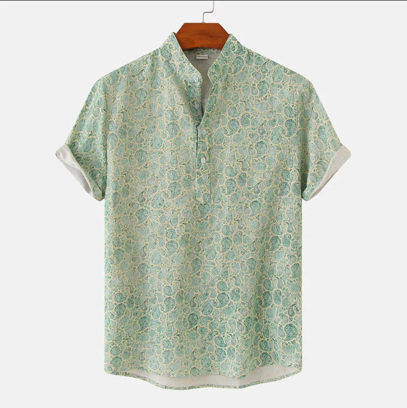 Men’s Floral Short Sleeve Shirt – Casual Summer Beach Shirt with Band Collar