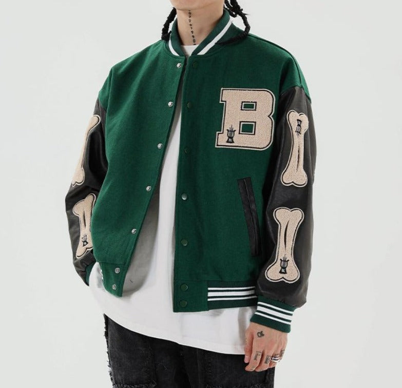 Women's Graphic Varsity Bomber Jacket with Bone Sleeve Design