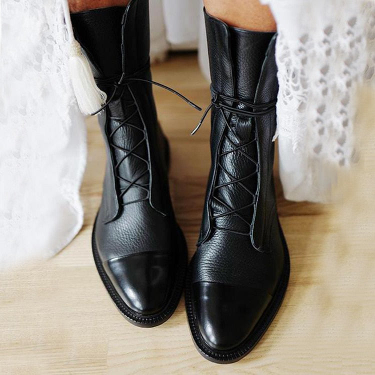 Women’s Lace-Up Mid-Calf Boots with Low Heel and Elegant Design