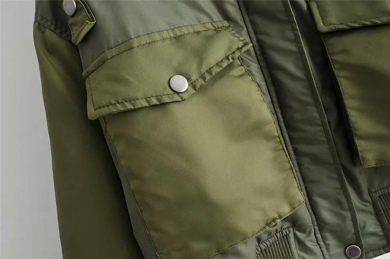 Women's Cropped Utility Bomber Jacket with Patch Pockets and Zip Sleeve