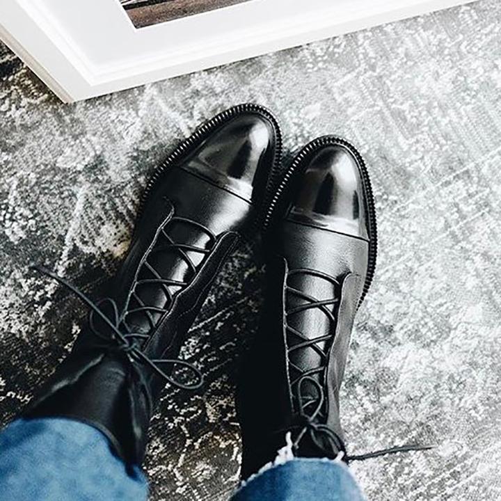 Women’s Lace-Up Mid-Calf Boots with Low Heel and Elegant Design