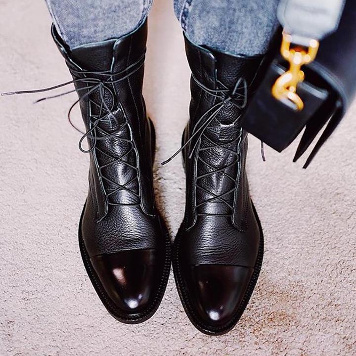 Women’s Lace-Up Mid-Calf Boots with Low Heel and Elegant Design
