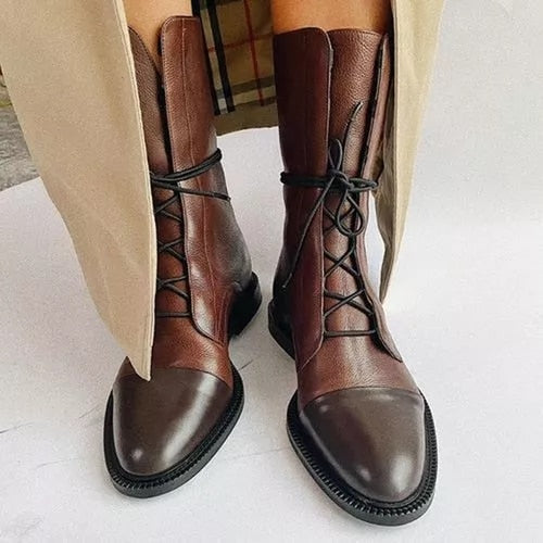 Women’s Lace-Up Mid-Calf Boots with Low Heel and Elegant Design