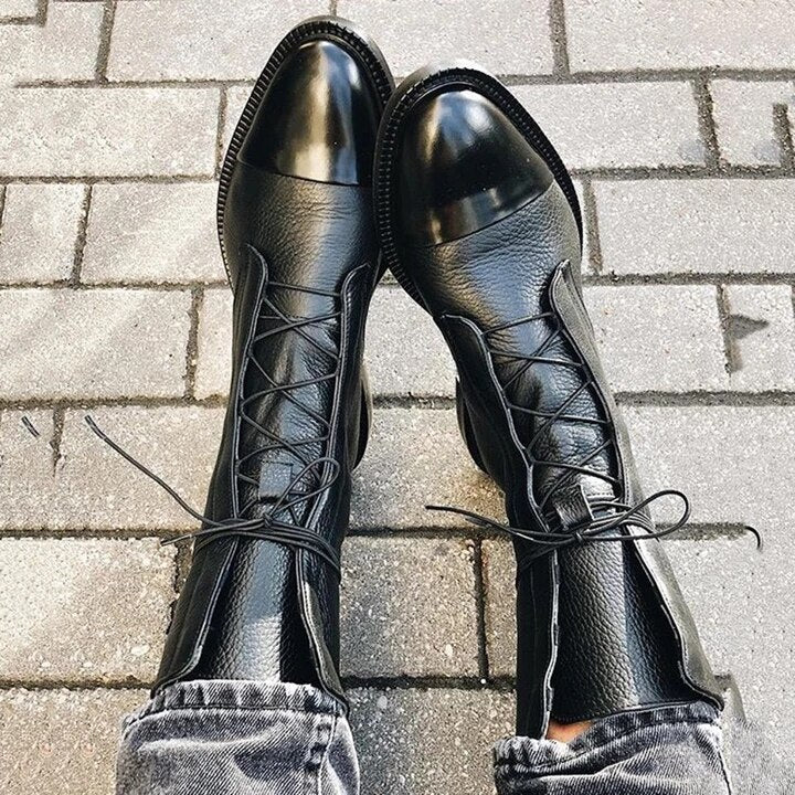 Women’s Lace-Up Mid-Calf Boots with Low Heel and Elegant Design