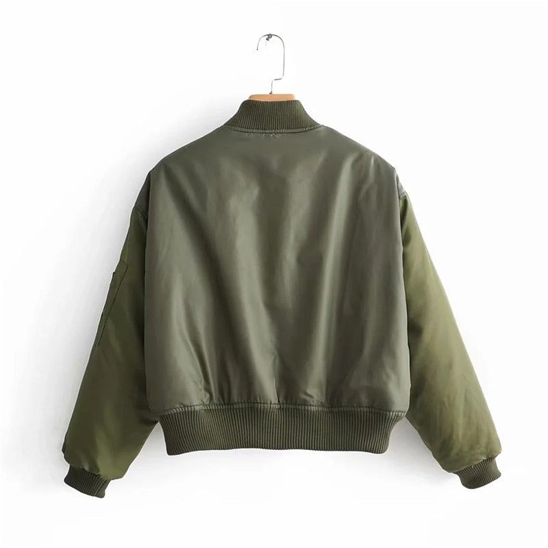 Women's Cropped Utility Bomber Jacket with Patch Pockets and Zip Sleeve