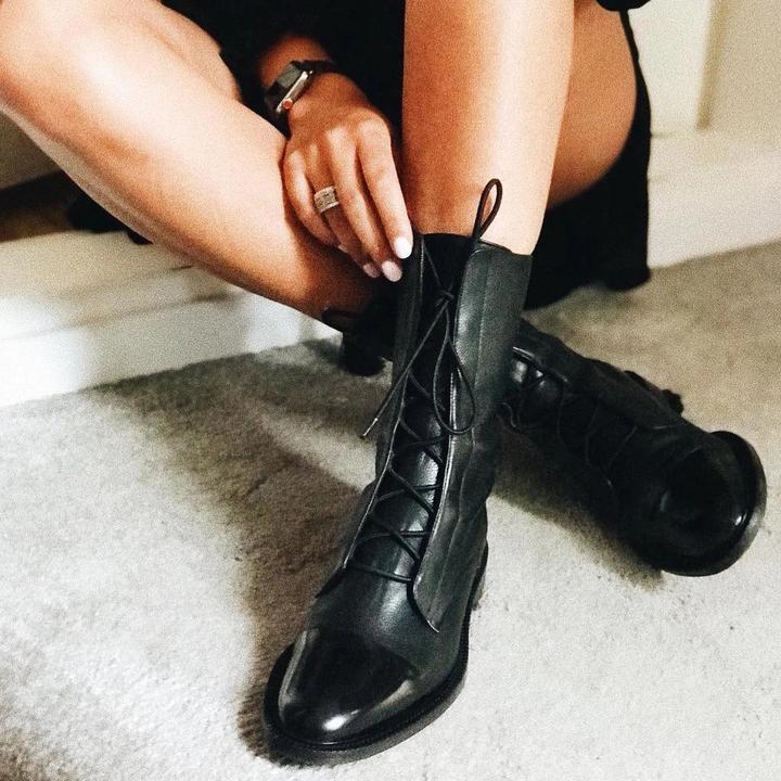 Women’s Lace-Up Mid-Calf Boots with Low Heel and Elegant Design