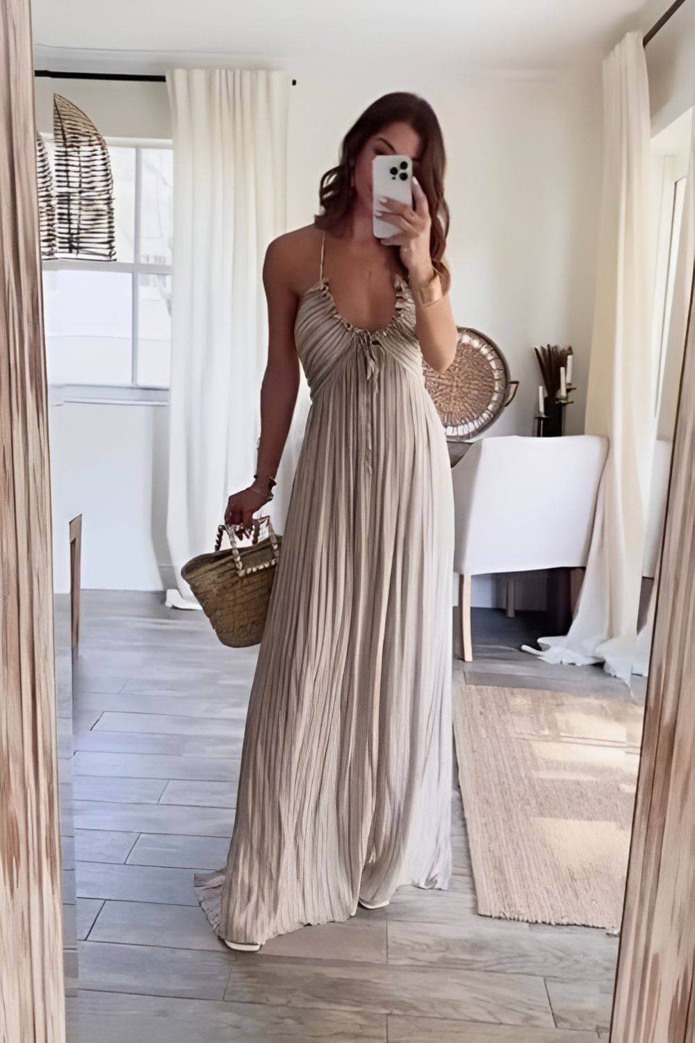 Women's Pleated Maxi Dress with Ruffle Detail and Spaghetti Straps