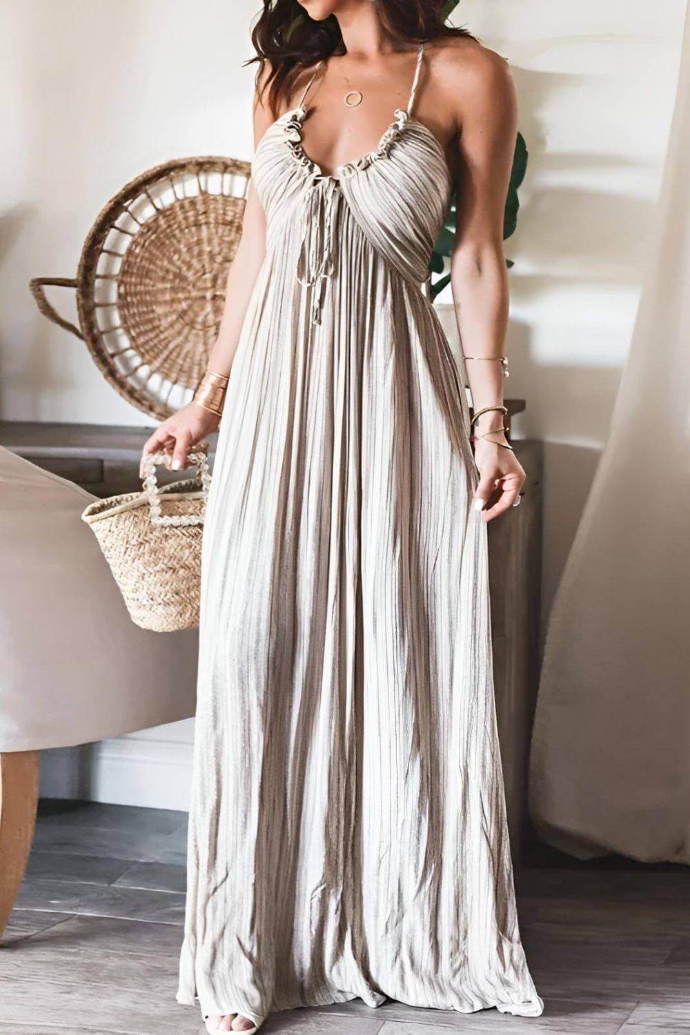 Women's Pleated Maxi Dress with Ruffle Detail and Spaghetti Straps