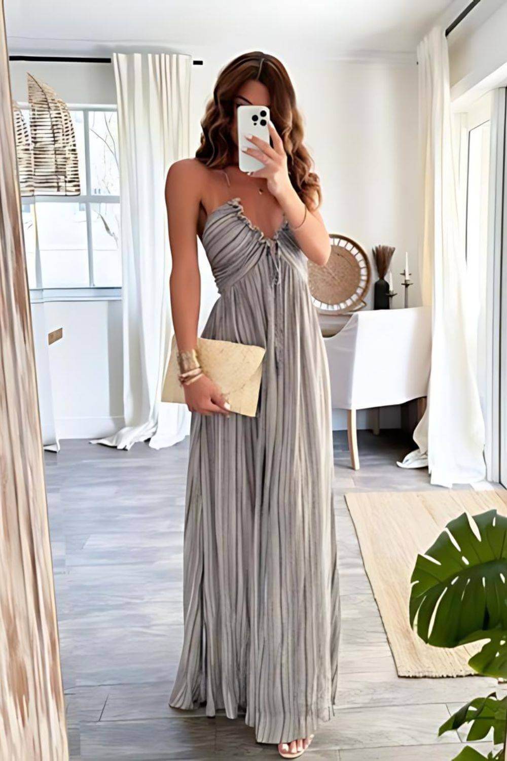 Women's Strapless Pleated Maxi Dress with Drawstring Detail