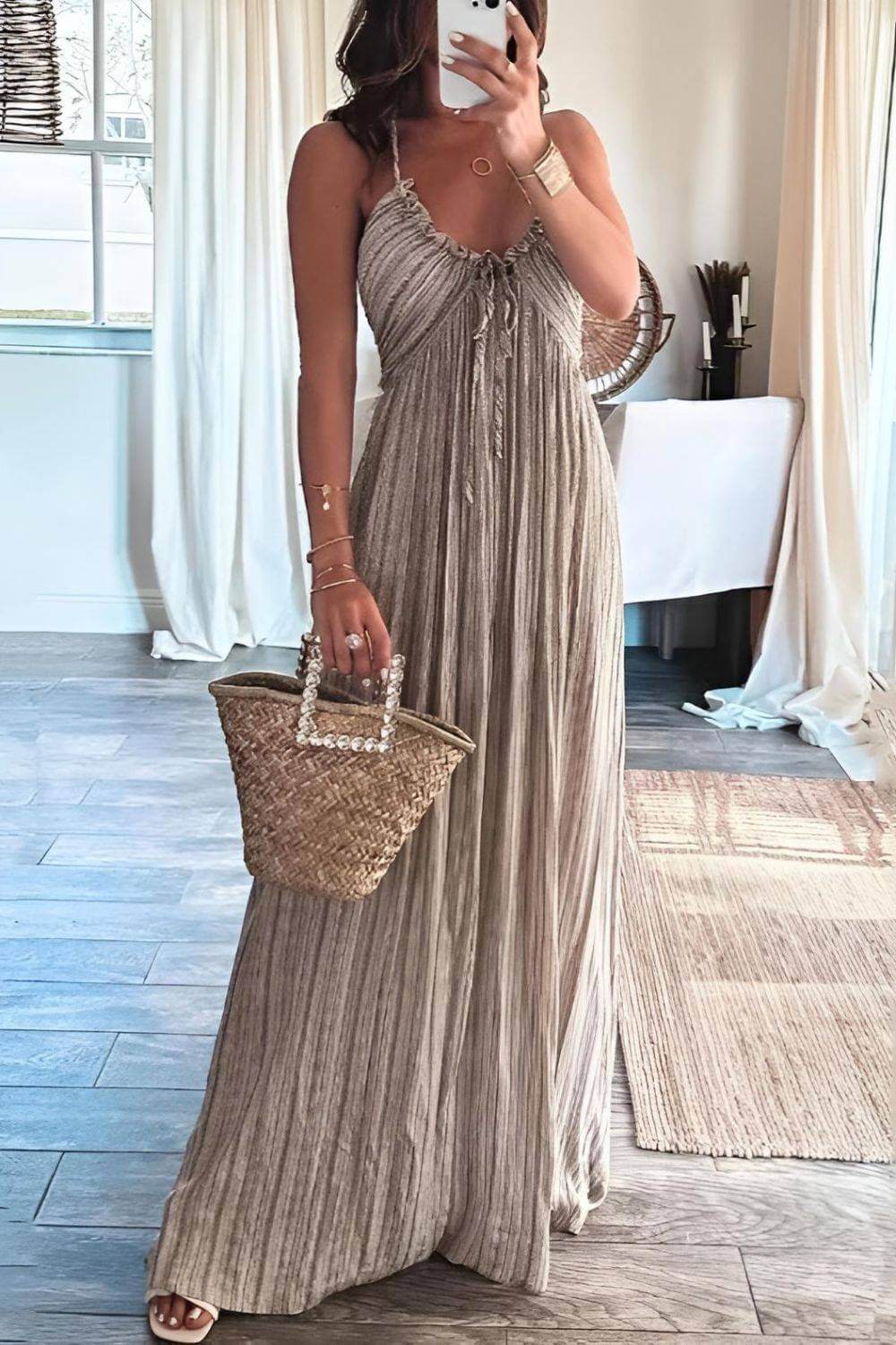 Women's Strapless Pleated Maxi Dress with Drawstring Detail
