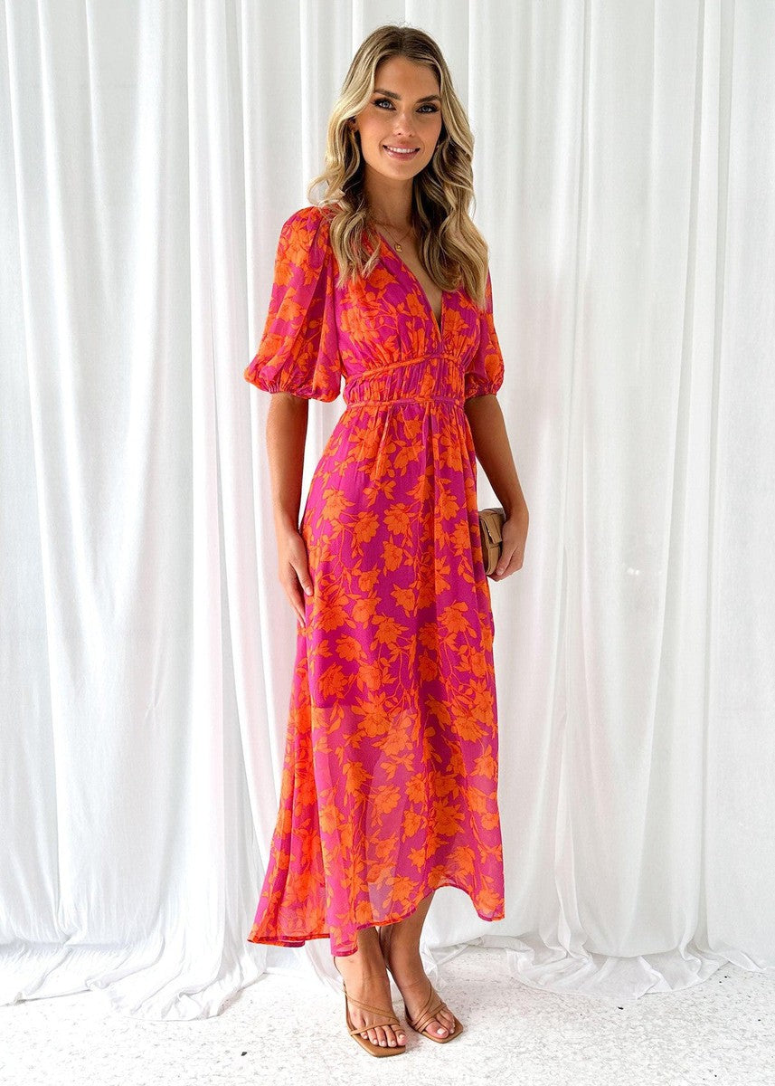 Women's Floral V-Neck Maxi Dress with Puff Sleeves