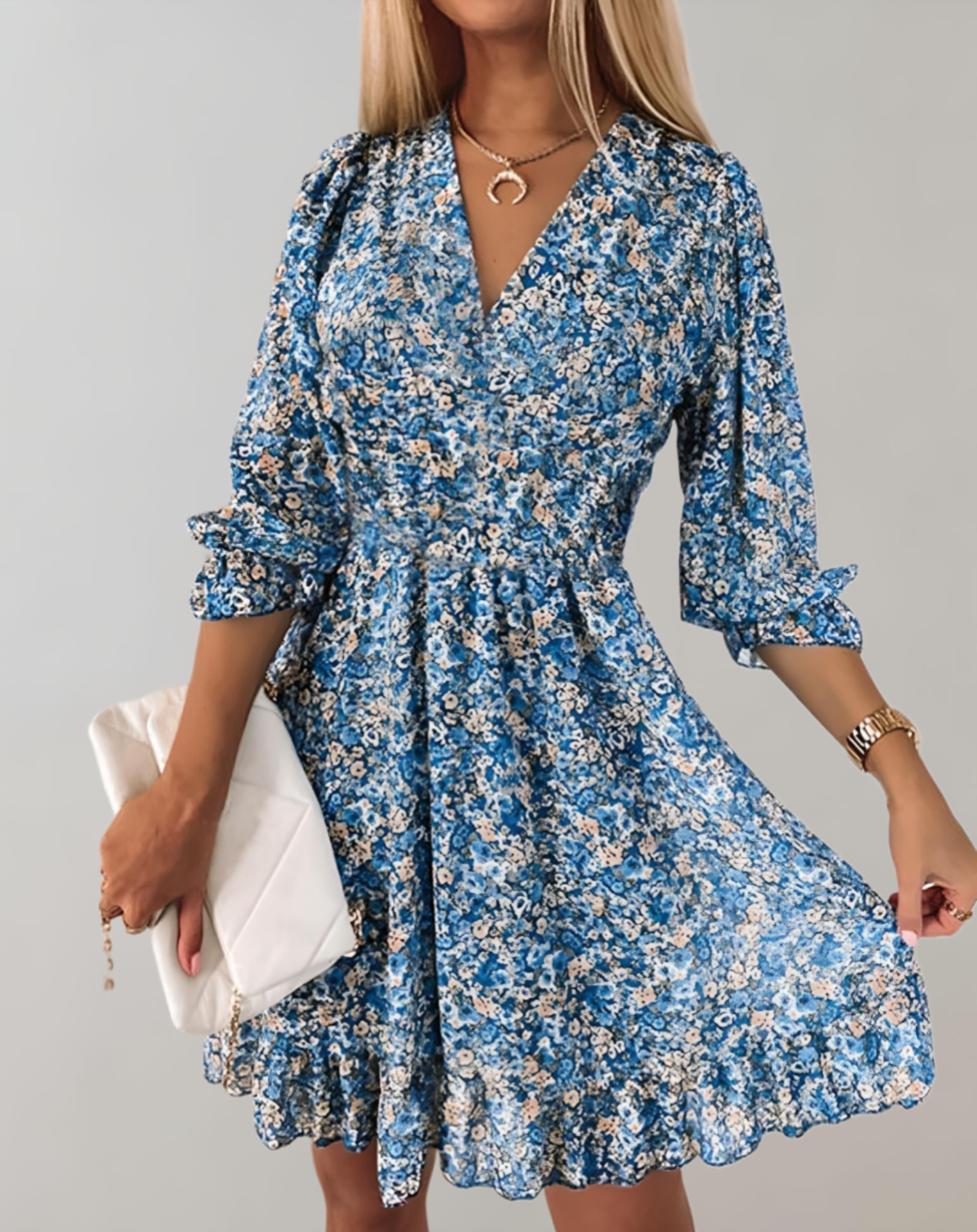 Women's Floral V-Neck Mini Dress with Smocked Waist and Ruffle Hem