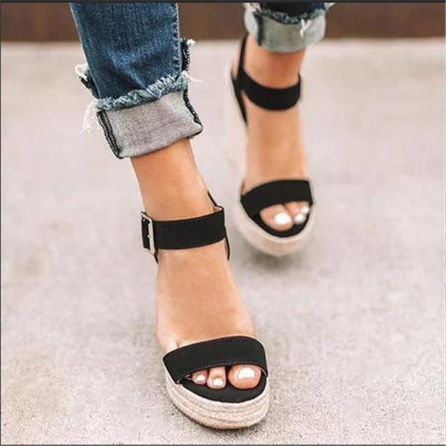 Women's Wedge Heel Sandals with Ankle Strap and Open Toe Design
