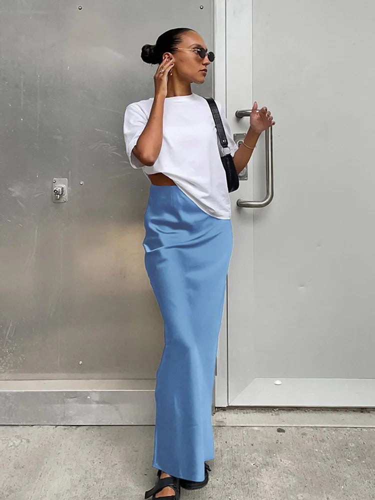 Women's High-Waisted Satin Maxi Skirt with Sleek Straight Cut