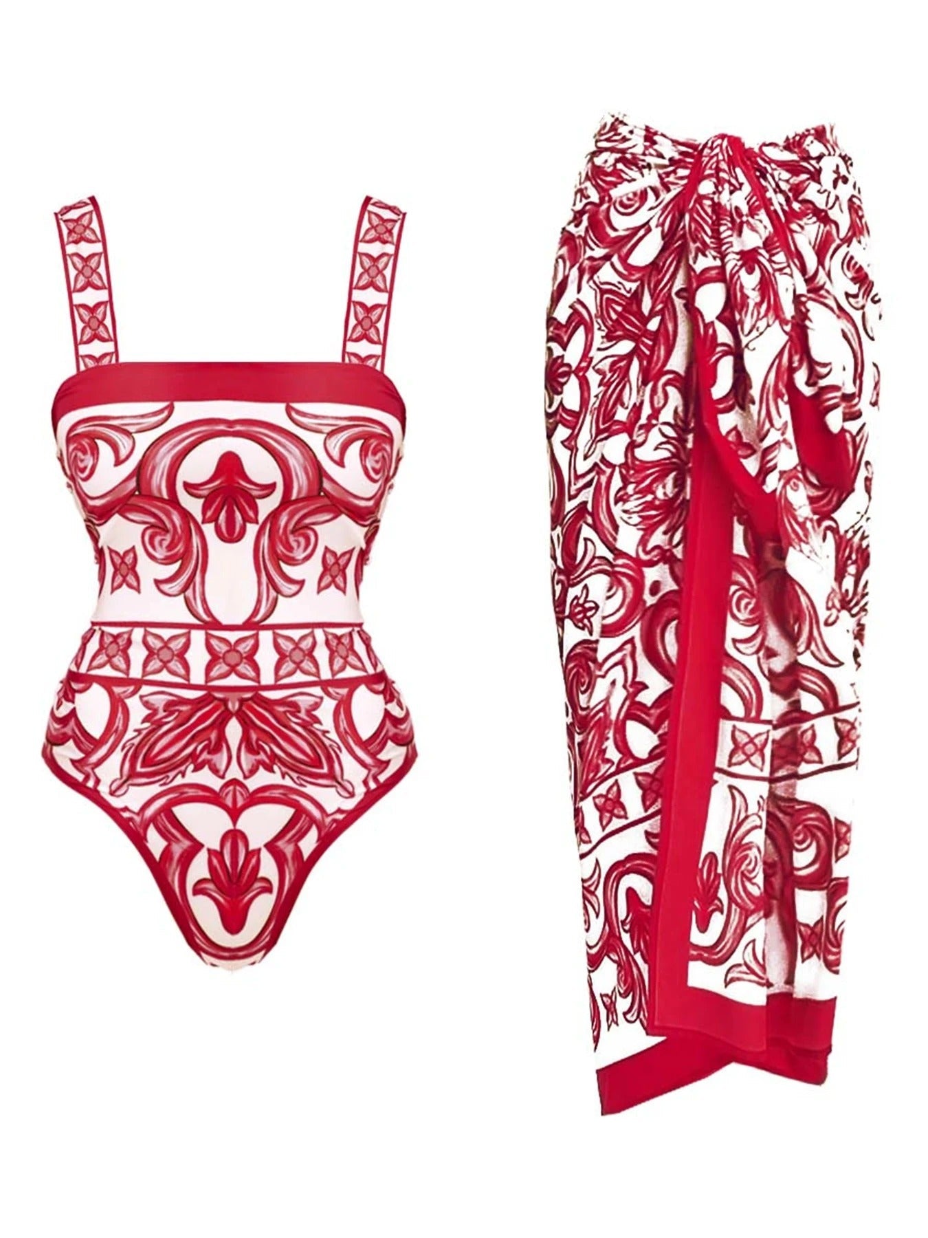 Women's Baroque Print Two-Piece Strapless Top and Wide-Leg Pants