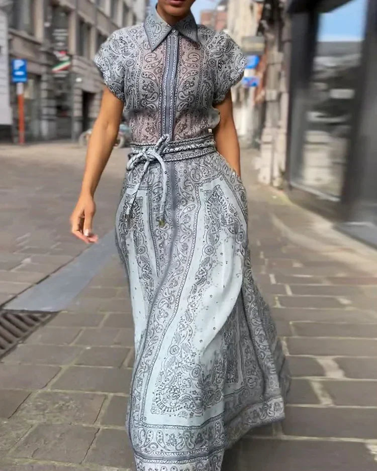 Women's Paisley Print Maxi Dress with Belted Waist