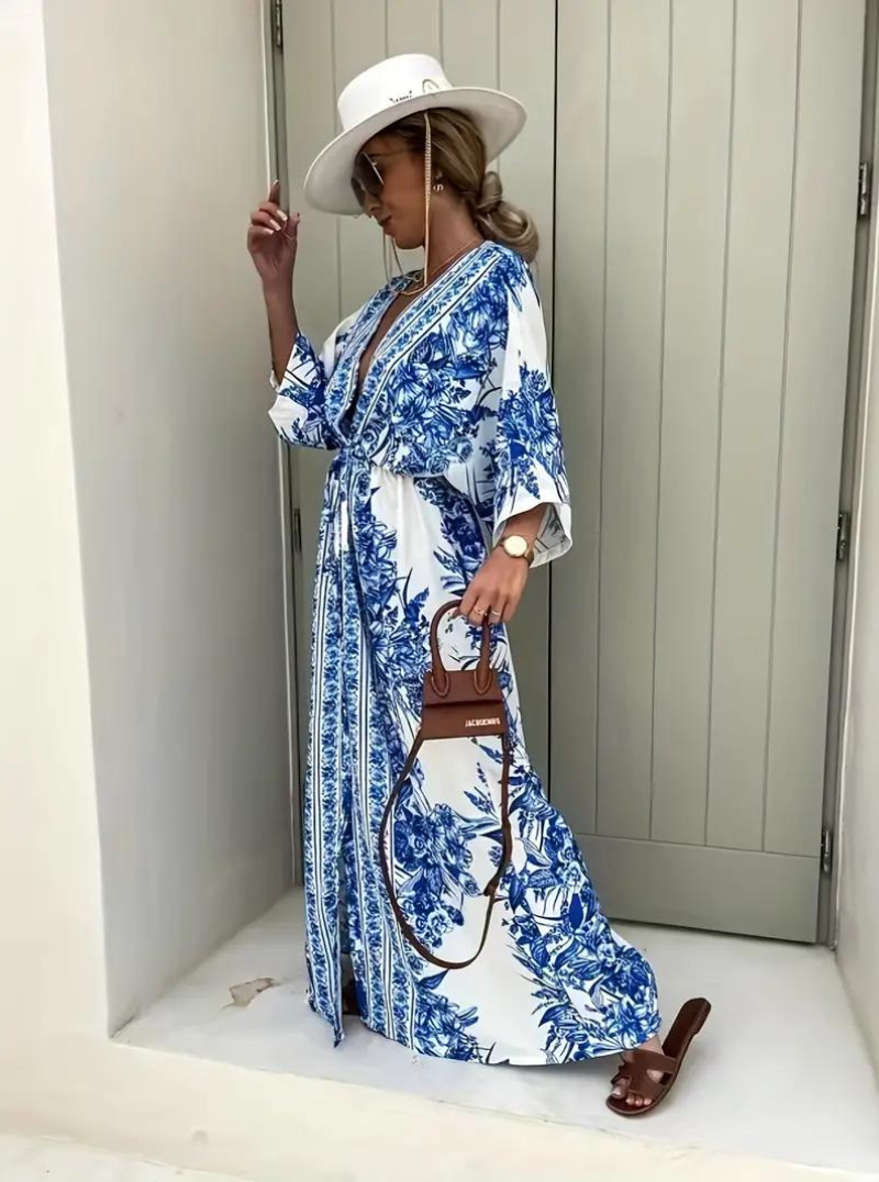 Women's V-Neck Kimono Sleeve Maxi Dress with Floral Print and Belt