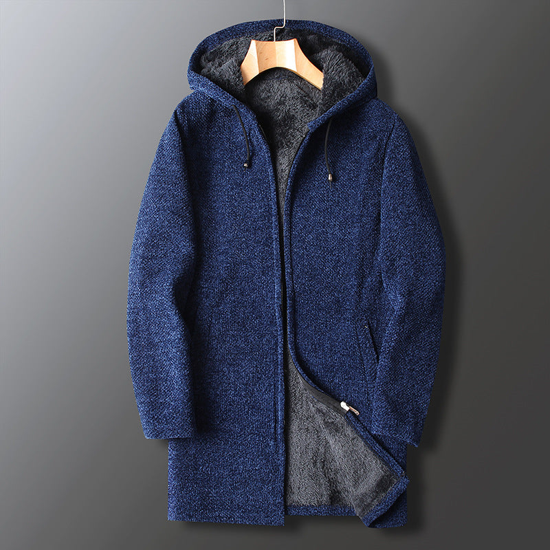 Men's Long Hooded Fleece Jacket with Zip Closure and Drawstring Hood