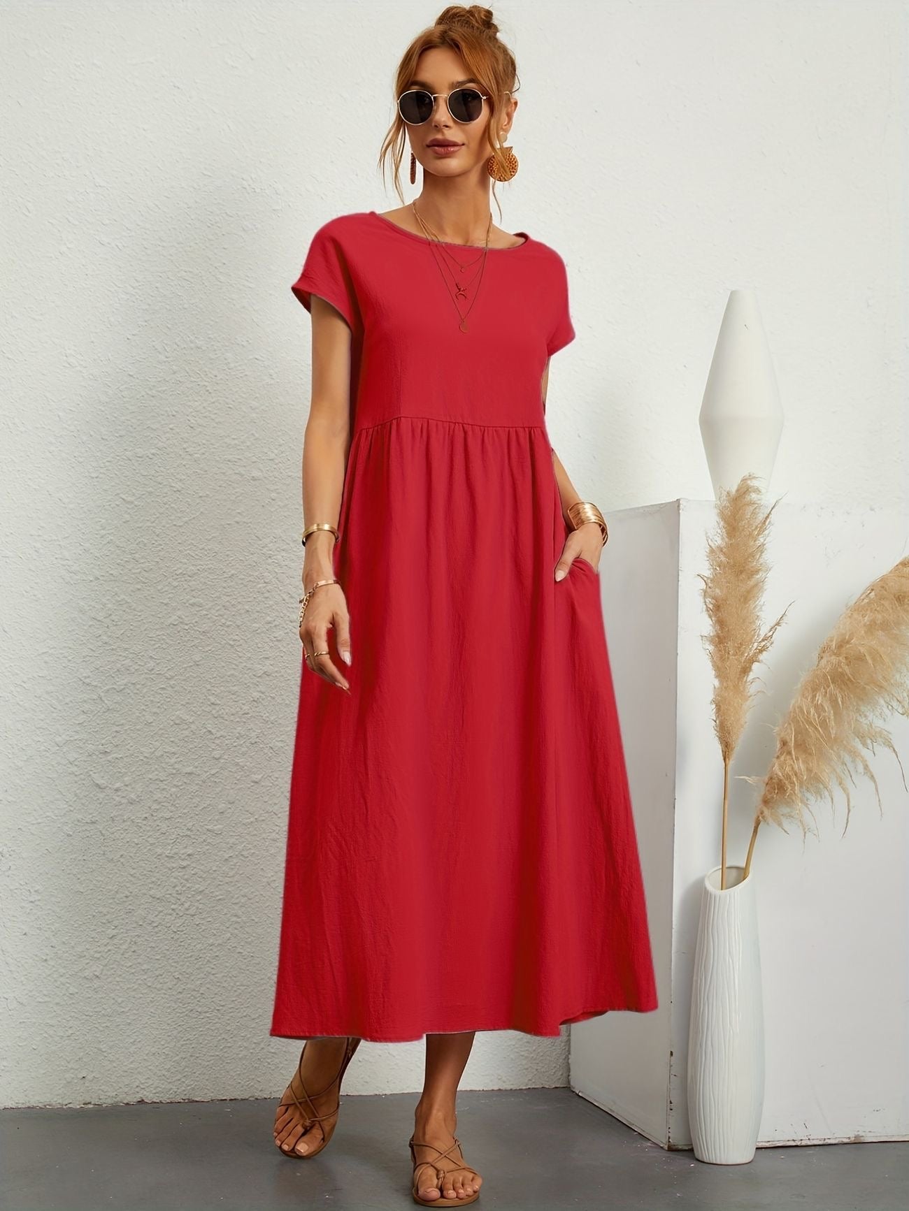 Summer Midi Dress for Women with Short Sleeves and Flowy Silhouette