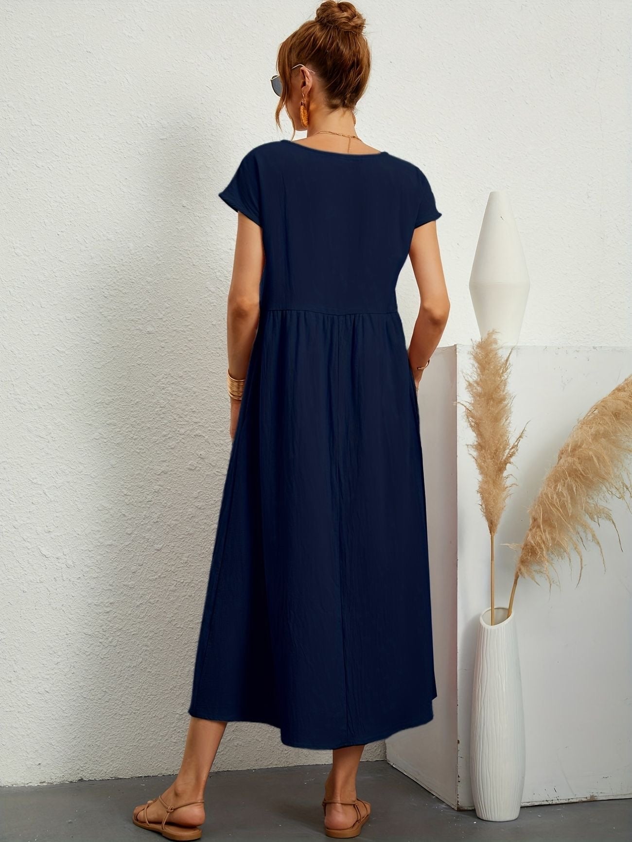 Summer Midi Dress for Women with Short Sleeves and Flowy Silhouette
