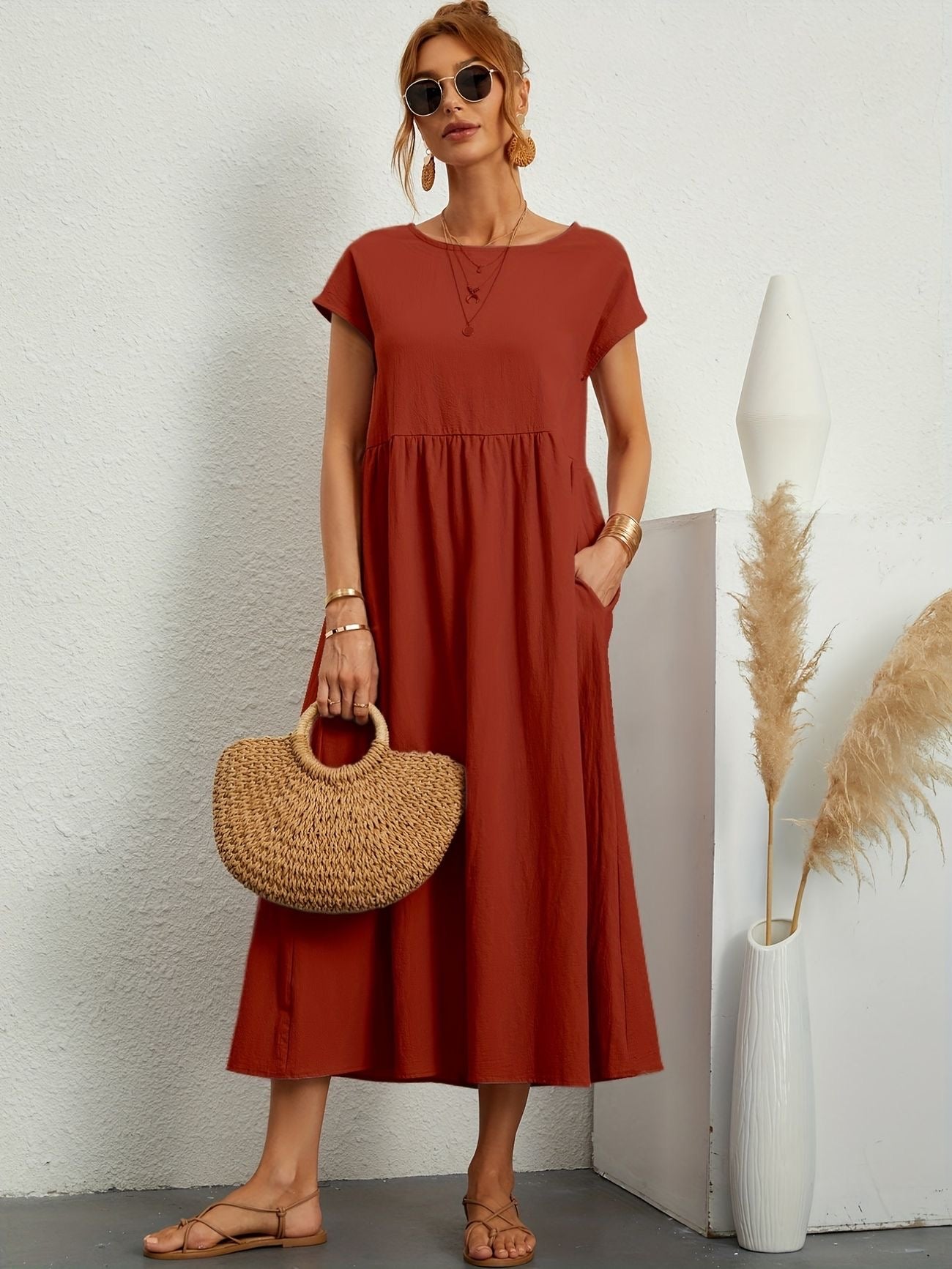 Summer Midi Dress for Women with Short Sleeves and Flowy Silhouette