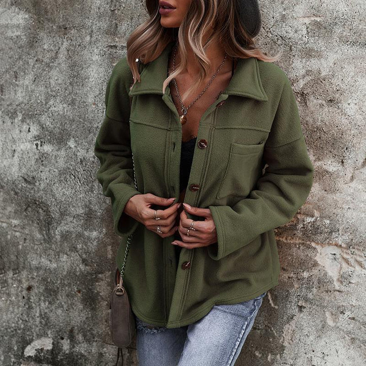 Women’s Button-Up Fleece Jacket with Chest Pocket and Relaxed Fit