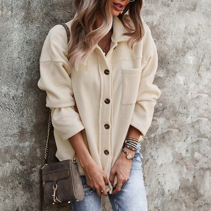 Women’s Button-Up Fleece Jacket with Chest Pocket and Relaxed Fit