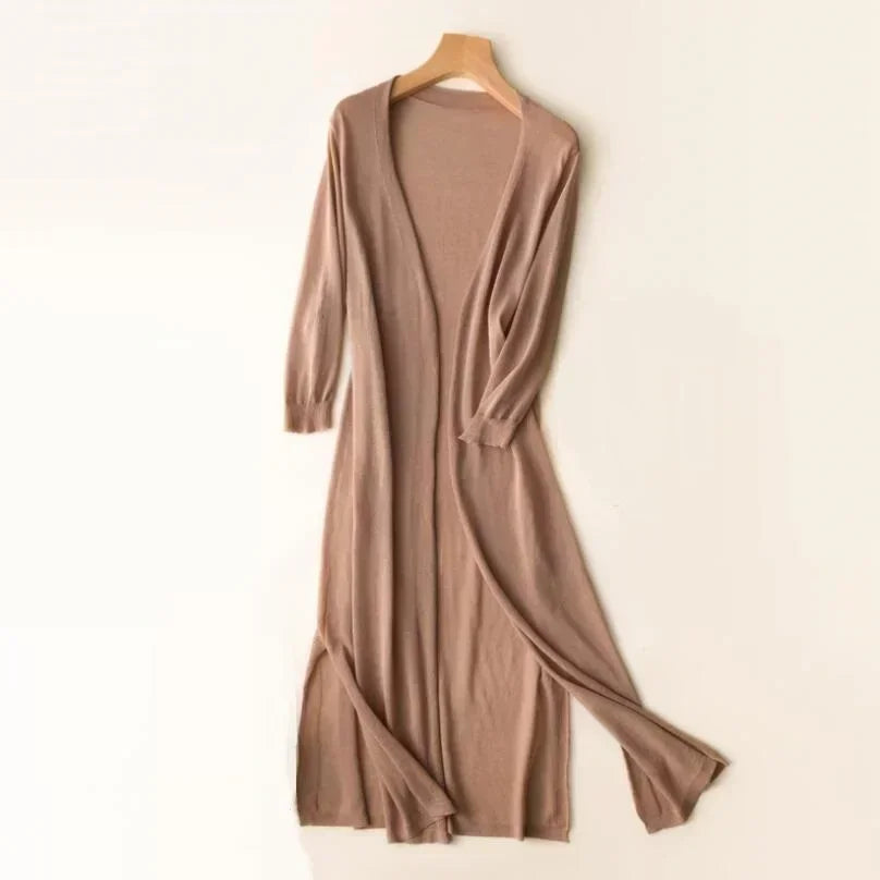 Women's Long Cardigan with Open Front and Long Sleeves
