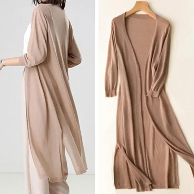 Women's Long Cardigan with Open Front and Long Sleeves