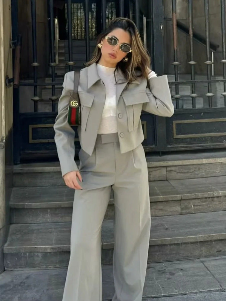 Women's Modern Two-Piece Set with Cropped Jacket and Wide-Leg Pants