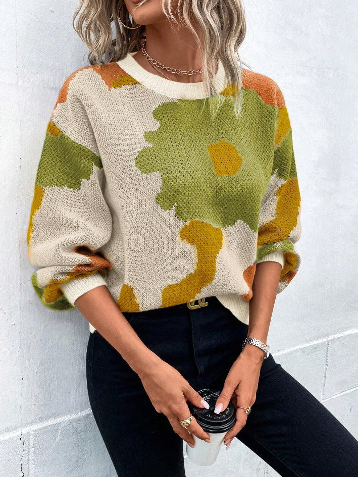 Women’s Patterned Knit Jumper with Round Neck and Balloon Sleeves