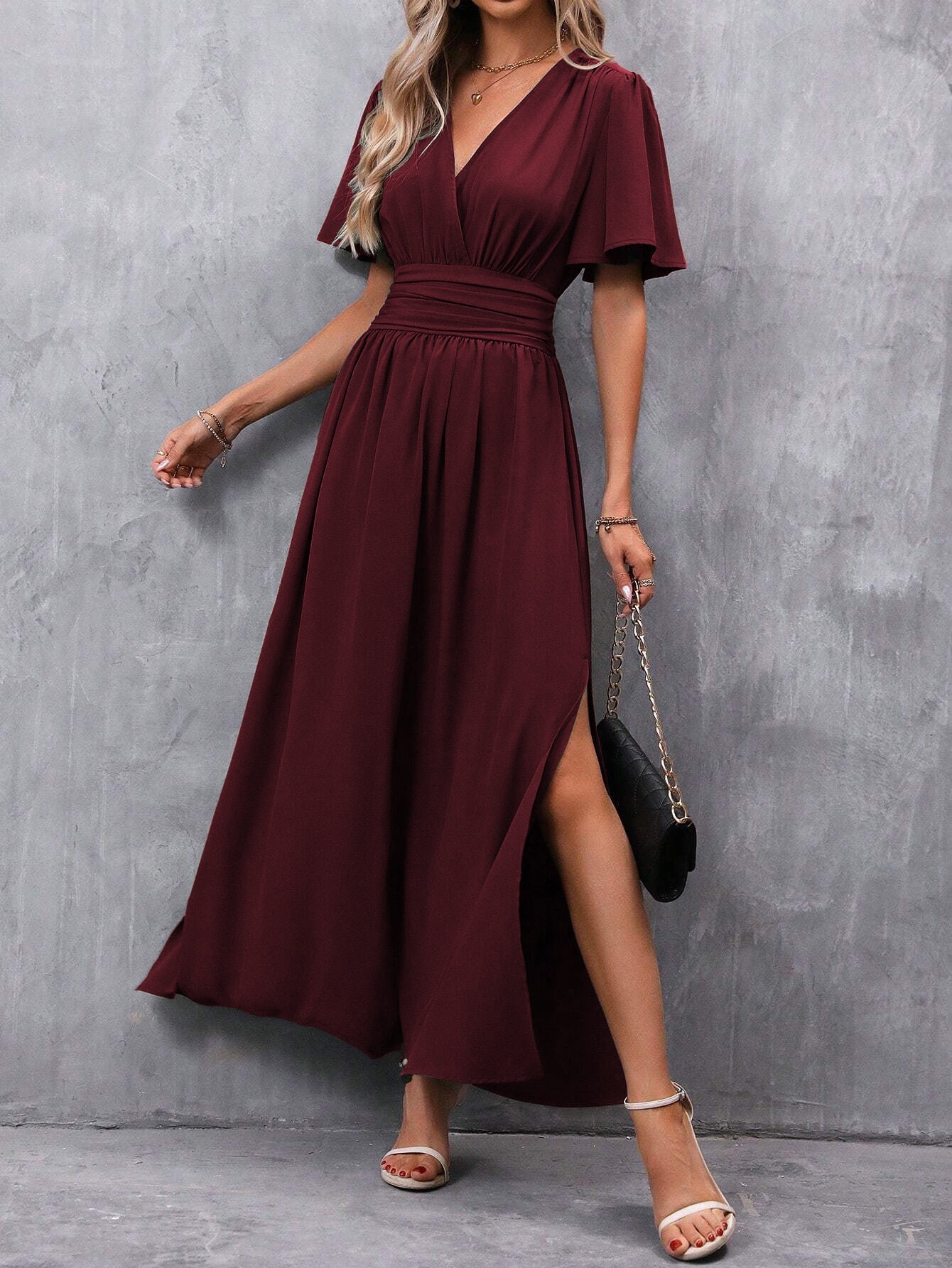 Women's Short-Sleeve Maxi Dress with V-Neck and Side Slit Design