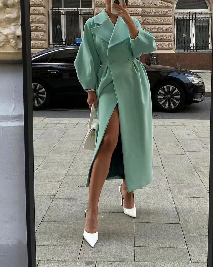 Women's Long Double Breasted Winter Coat with Lapel Collar Design