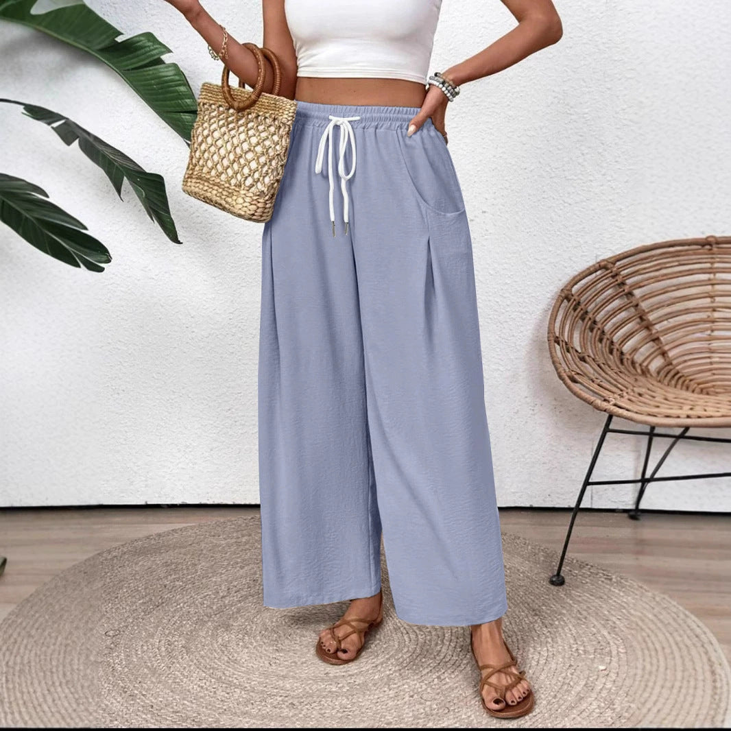 Women's Wide-Leg Pants with Elastic Drawstring Waist and Pockets