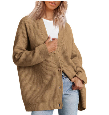 Women's Striped Button-Up Knit Cardigan with Relaxed Fit