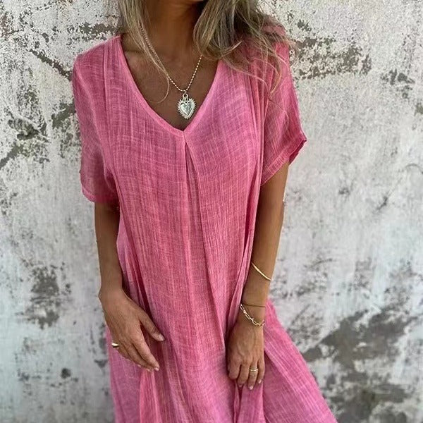 Women's Loose Fit Maxi Dress with V-Neck and Short Sleeves