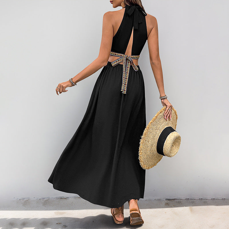 Women's Halter Neck Maxi Dress with Cut-Out Waist and Knot Front