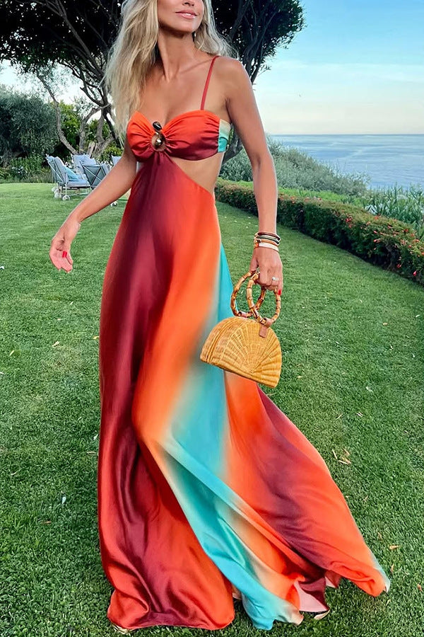 Women's Ombre Maxi Dress with Jewel Front and Cut-Out Waist