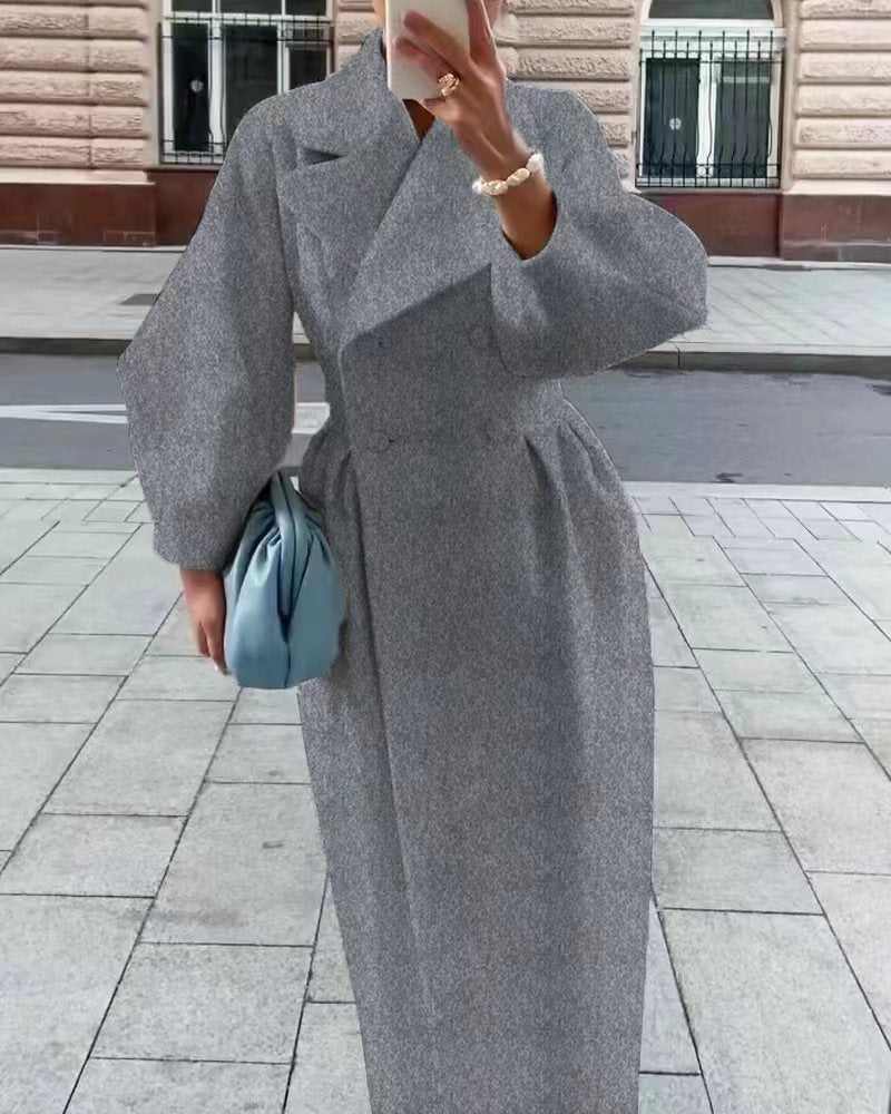 Women's Long Double Breasted Winter Coat with Lapel Collar Design