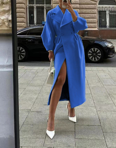 Women's Long Double Breasted Winter Coat with Lapel Collar Design