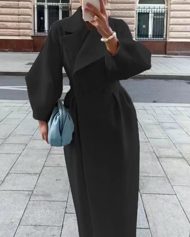 Women's Long Double Breasted Winter Coat with Lapel Collar Design