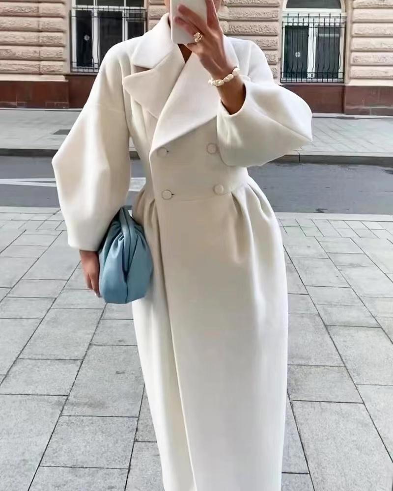 Women's Long Double Breasted Winter Coat with Lapel Collar Design