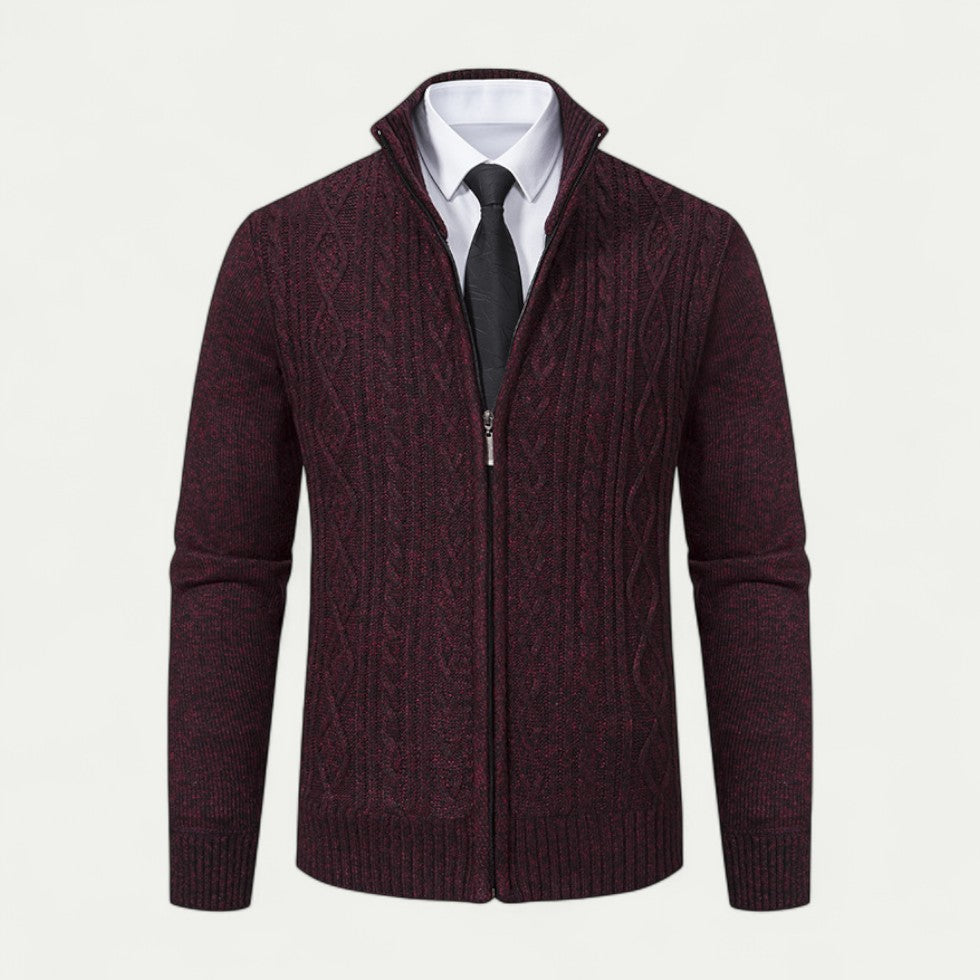 Men's Cable-Knit Zip-Up Cardigan with High Collar and Ribbed Hem