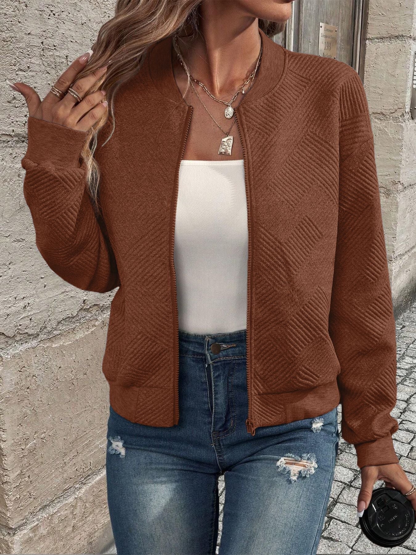 Women’s Zip-Up Textured Cardigan with Ribbed Hem and Long Sleeves
