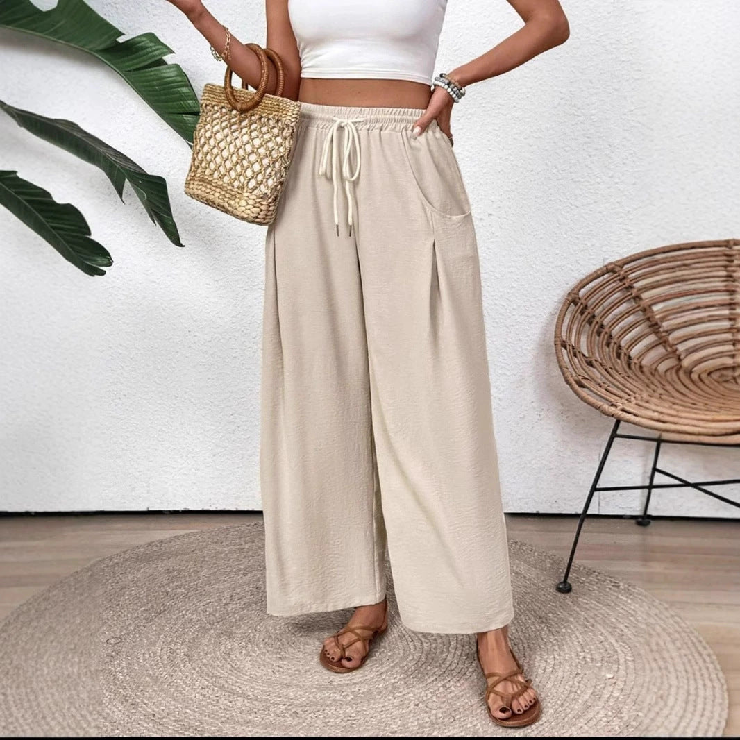 Women's Wide-Leg Pants with Elastic Drawstring Waist and Pockets