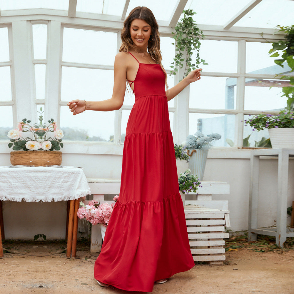 Women's Tiered Backless Maxi Dress with Spaghetti Straps